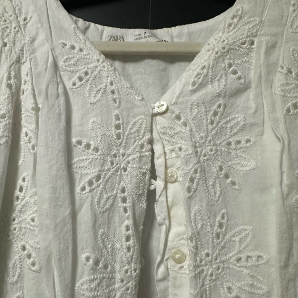 Zara White Kids Dress with Floral Embroidery and Mandarin Collar
